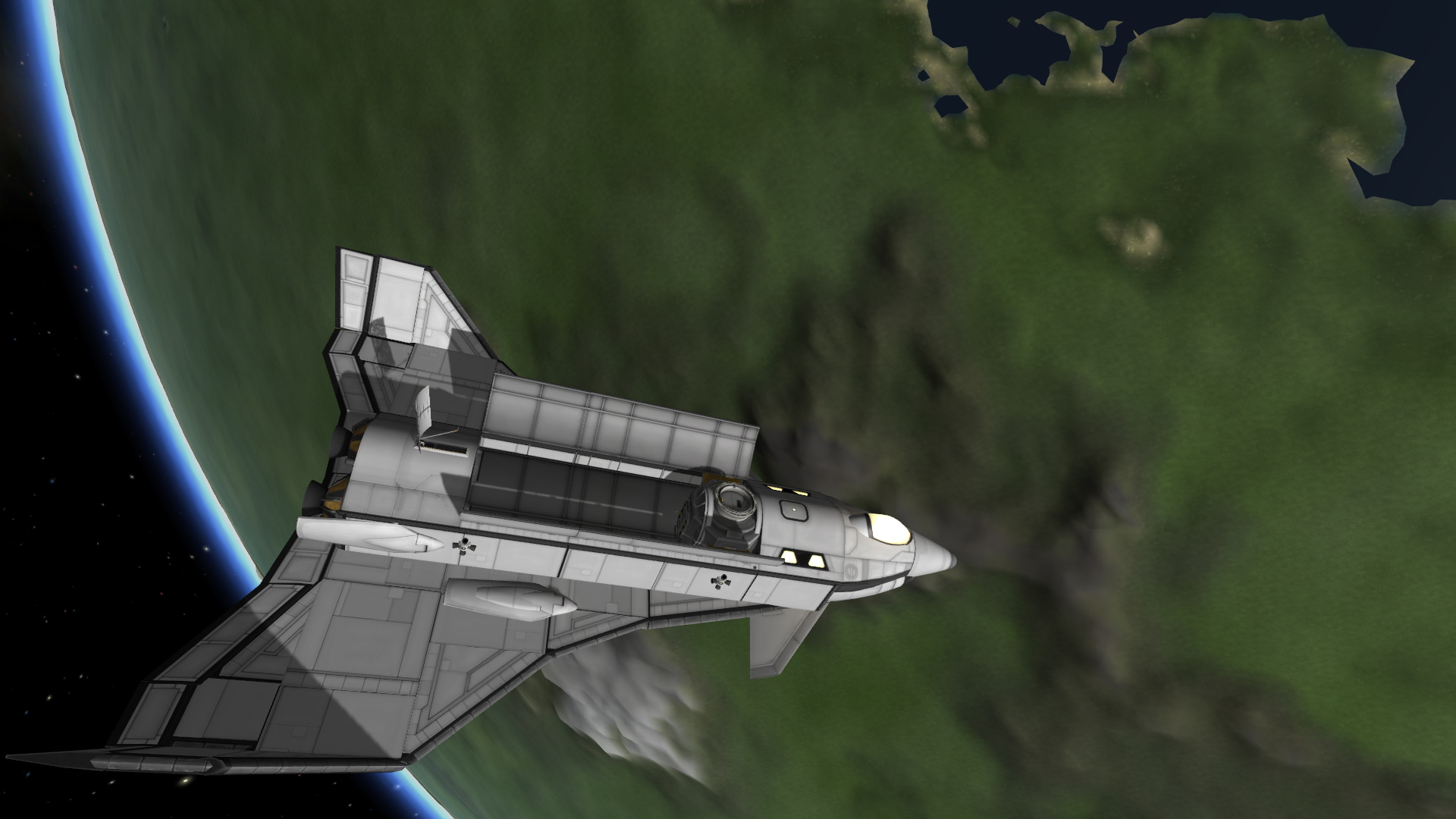 the Firnen spaceplane on orbit, with bay doors open.